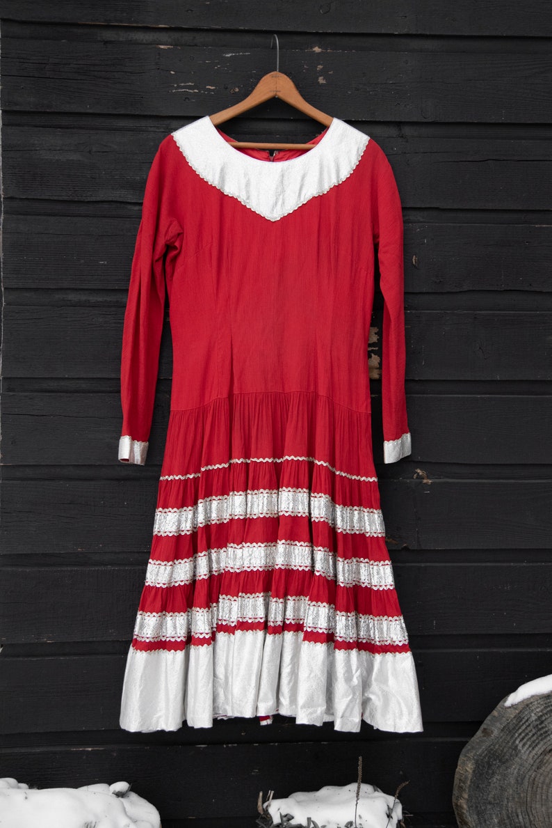 Vintage 1950s Western Dress Ann Lantz Pheonix Arizona Red Crepe Metallic Silver Rick Rack Drop Waist Full Swing Square Dance Dress image 6