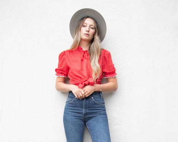 70s Vintage Blouse | Red + White Polka Dot Blouse