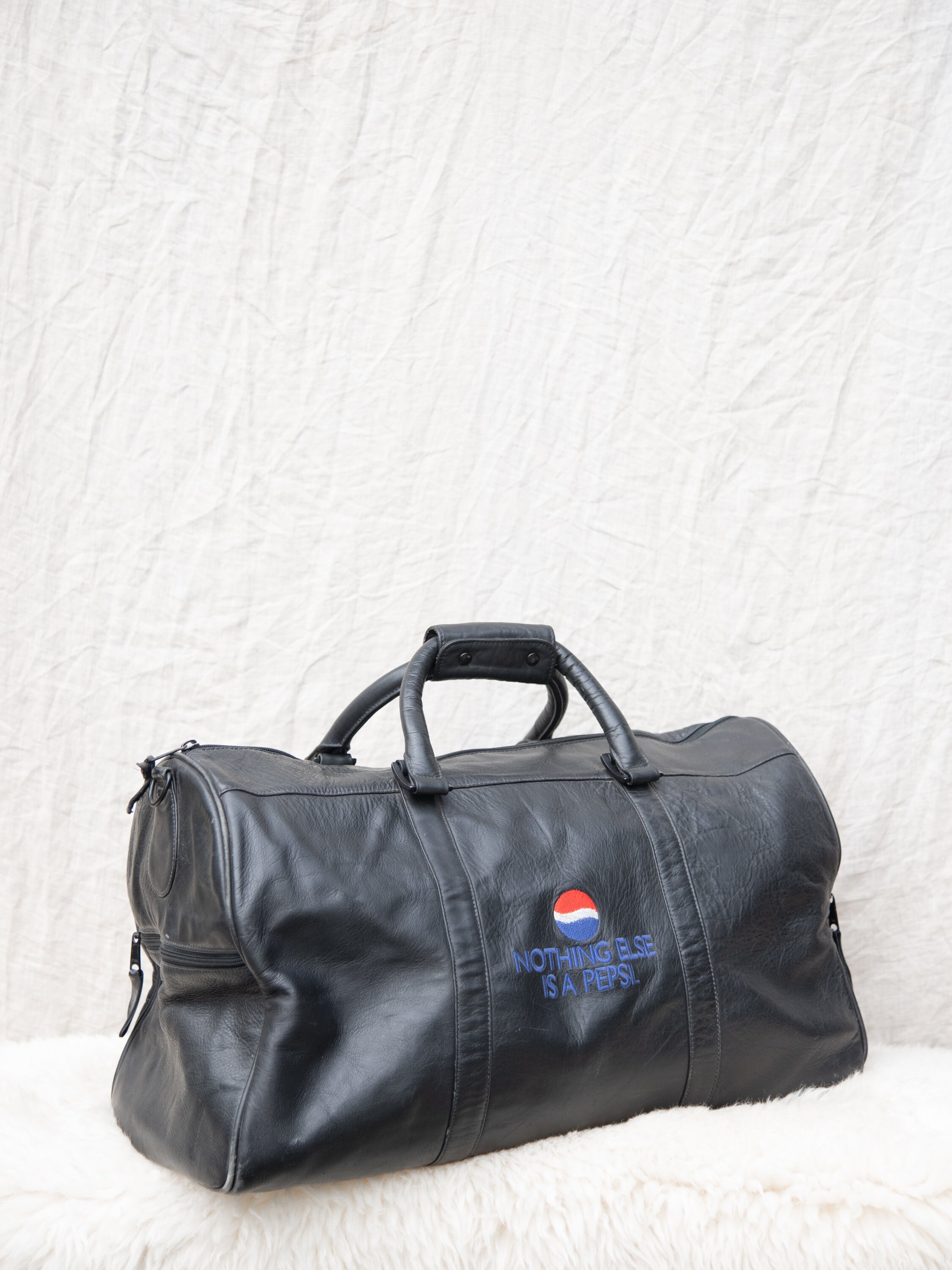 80s〜90s C.P. Company Large Travel Bag Vintage PEPSI Leather Duffle Bag, Weekender Bag, Black Leather
