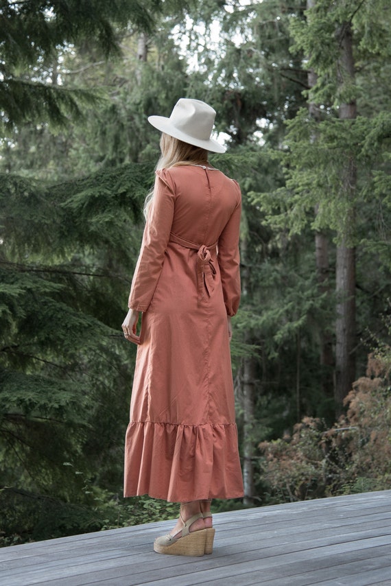 70s Maxi Dress, Long Sleeve Peach Cotton Prairie … - image 5