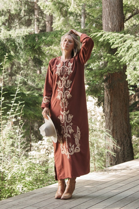 70s Embroidered Caftan Dress | Boho Hippie Brown … - image 3