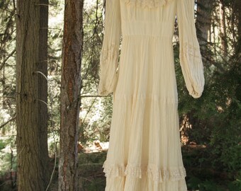 RESERVED 1970s Victorian Wedding Dress, Gauzy Natural Cotton RESERVED 1970s Victorian Wedding Dress, Gauzy Natural Cotton
