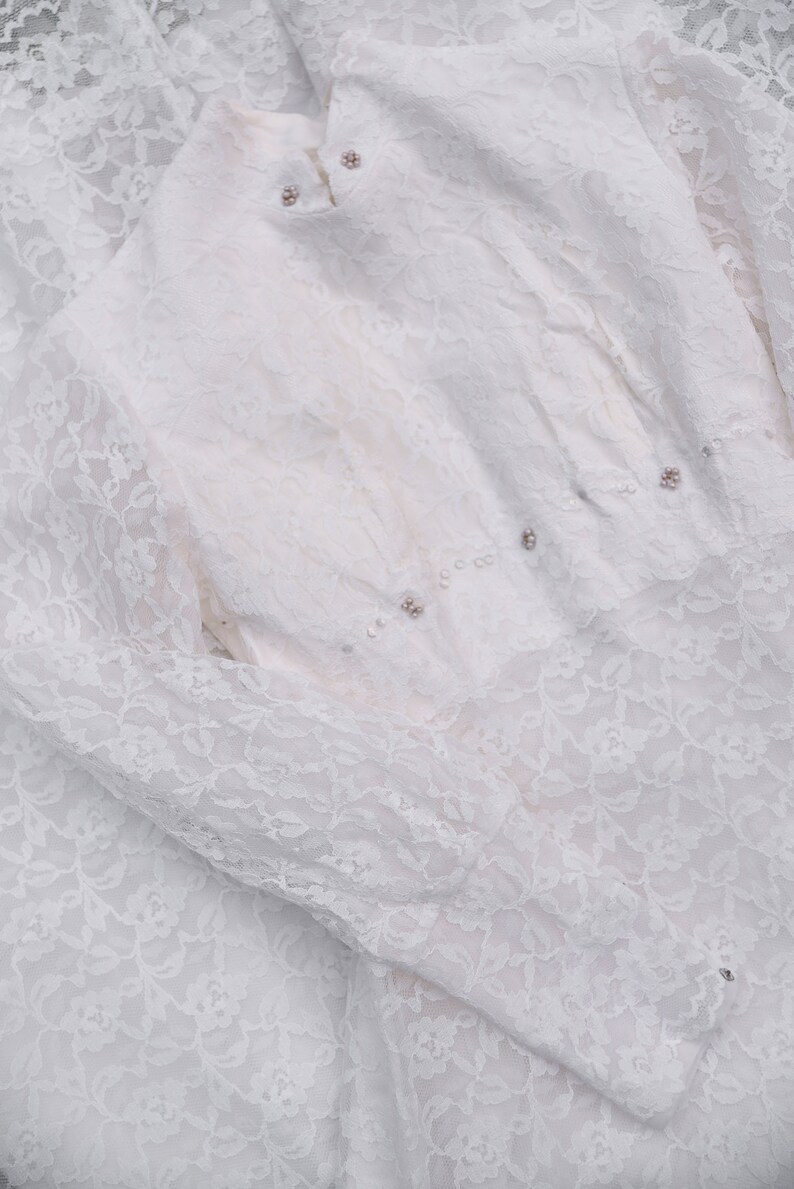60's Long Sleeve Wedding Dress, XS Small Ivory Lace Boho Wedding Dress, Victorian Wedding Dress, Beaded White Maxi Dress image 5