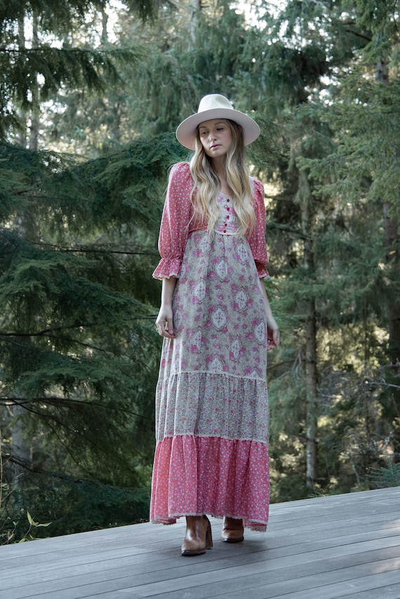 70's Prairie Dress, Vintage Patchwork Maxi Dress,