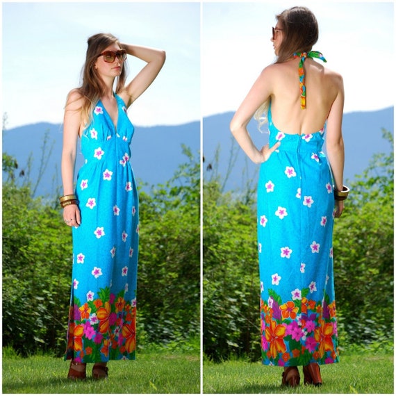 60s Hawaiian Dress, Psychedelic Floral Cotton Maxi