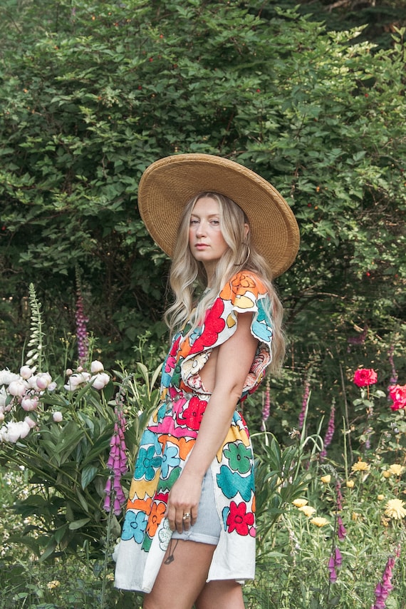 60s Embroidered Linen Tunic Dress, Psychedelic Tap