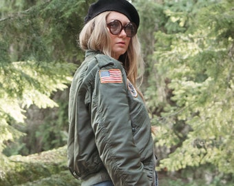 70's Aviator Bomber Jacket, Nylon Flyers Jacket US Air Force Auxiliary Civil Air Patrol, Olive Drab Military Flight Jacket with Patches