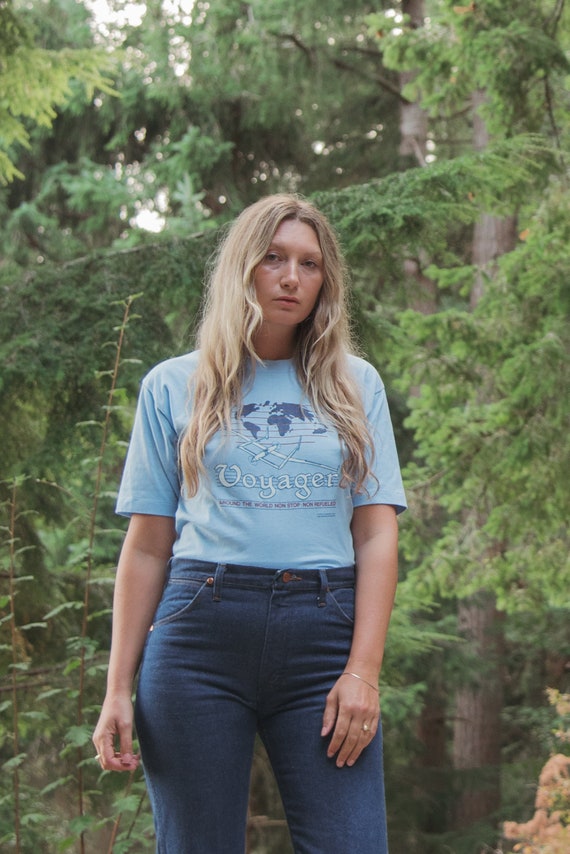 80's Vintage Shirt | Baby Blue Voyager around the world nonstop non-refueled Paper Thin Cotton Tee