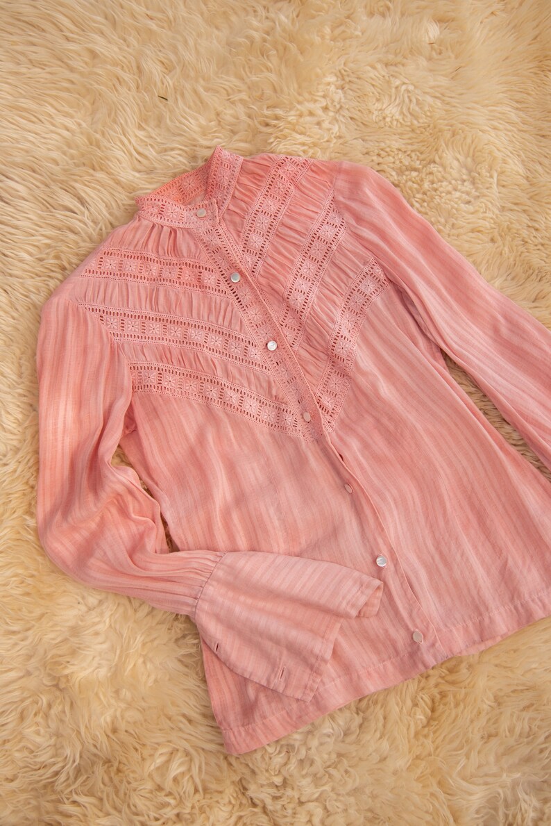 May include: A pink, long-sleeved blouse with a high collar and delicate lace detailing. The blouse has a button-up front and bell sleeves.