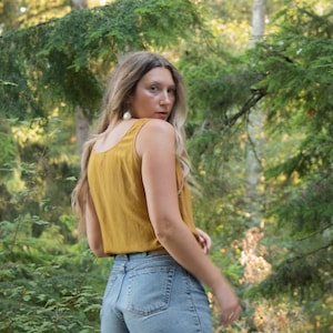 Botanically Dyed Vintage 80s 90&#39;s Silk Tank Top, Golden Chartreuse Tissue Thin Blouse, Size Small - Medium