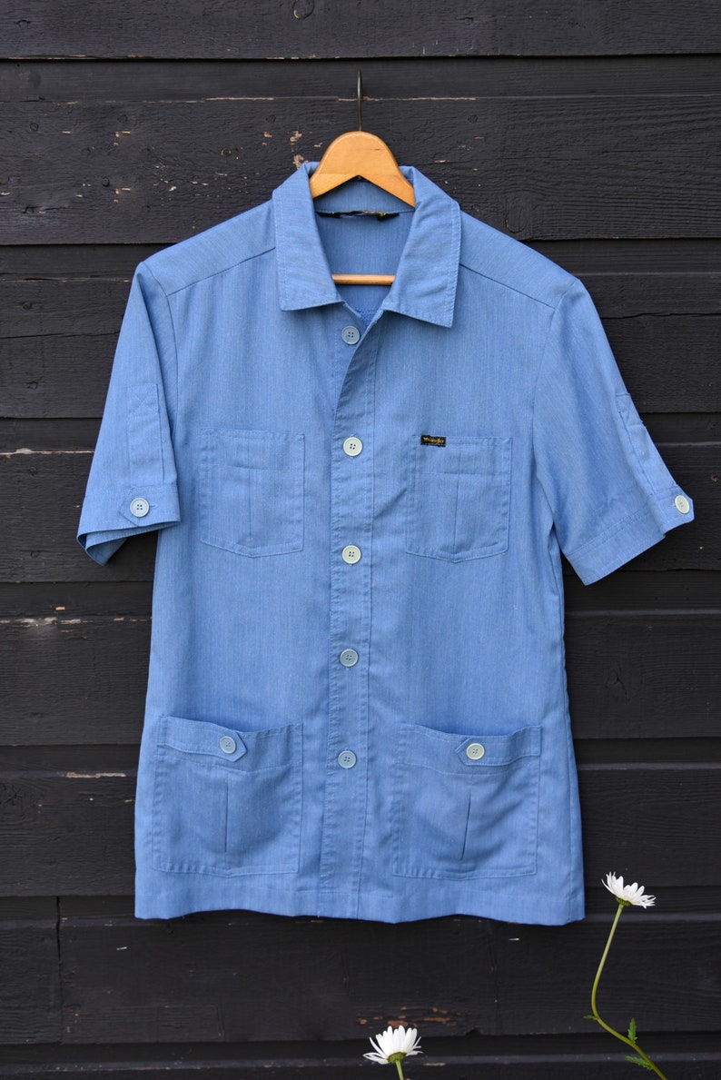 70's Vintage Shirt, Chambray Shirt, Baby Blue WRANGLER Shirt, Button up Chore Shirt, 1970s Mechanic Shirt, Leisure Safari Shirt image 7