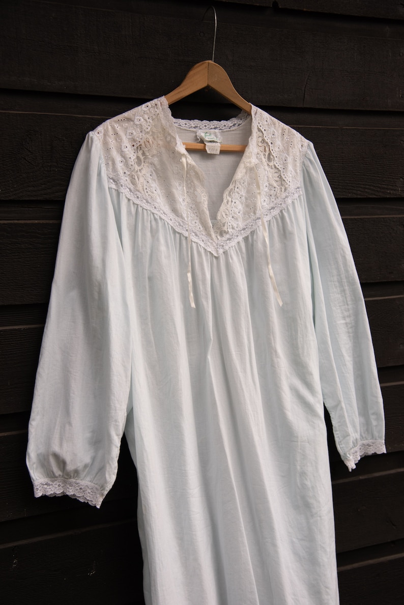 70s Cotton Nightgown / Crochet Lace Prairie Dress / Peasant Poet Sleeve Babydoll Dress image 9