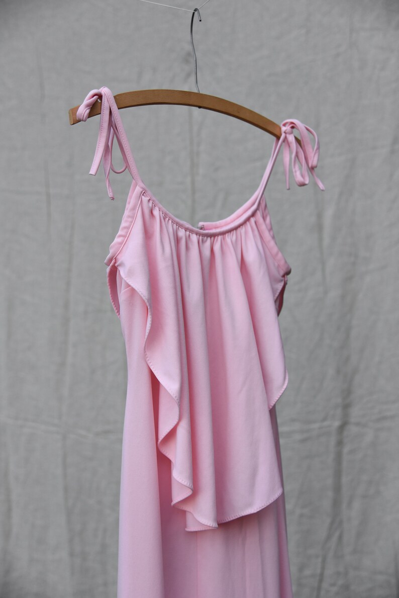 70's Maxi Dress, Vintage Pink Tie Shoulder Dress, Summer Picnic Cottagecore Dress, Cape Dress, 1970s Formal Homecoming Prom Bridesmaid Dress zdjęcie 8