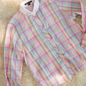 60s 70s Plaid Shirt Pastel Rainbow Plaid Embroidered Floral Collar Cottagecore Vintage Blouse, Button Up Country Shirt image 9