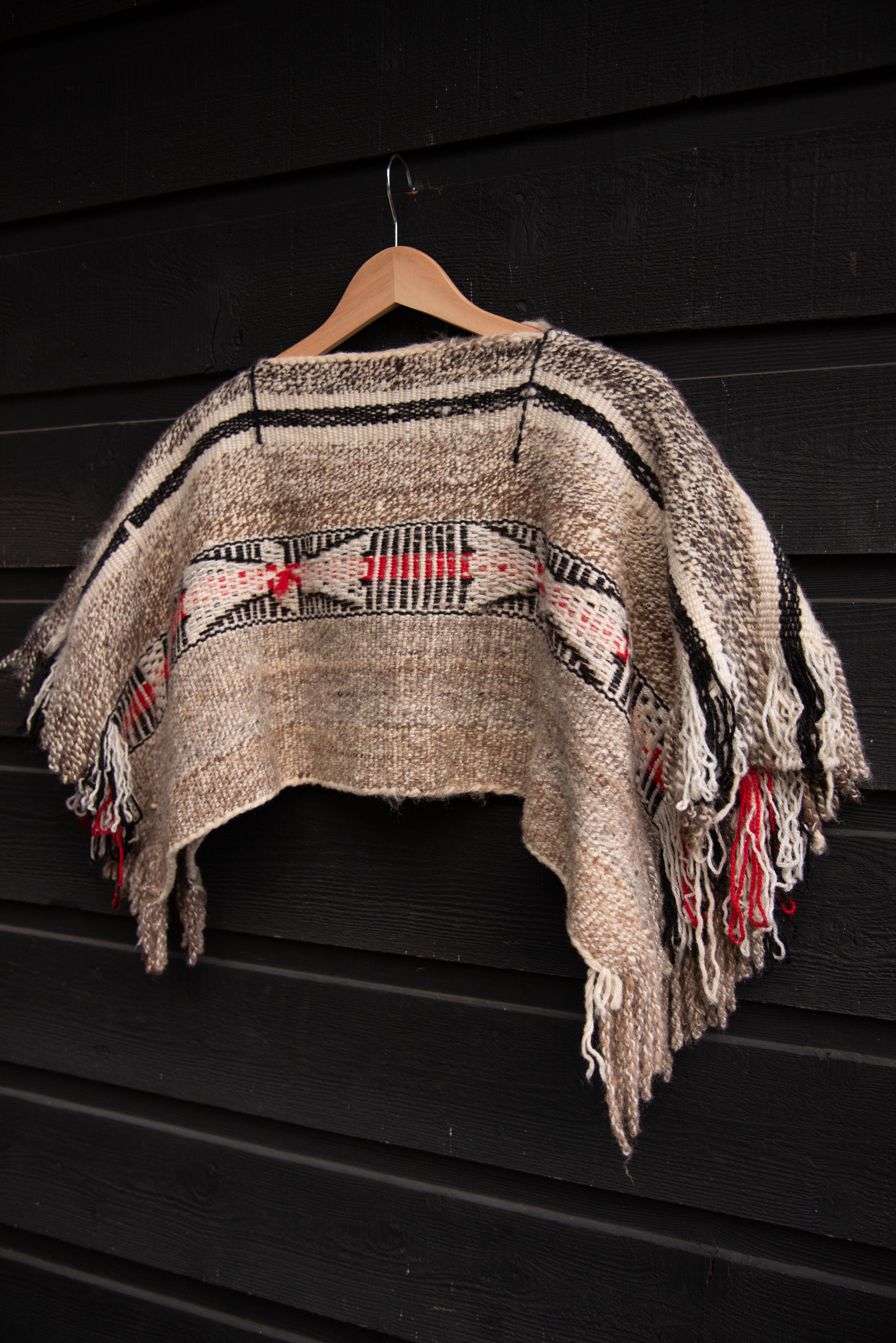 Vintage Embroidered Mexican Poncho, 70s Woven Wool Fringed