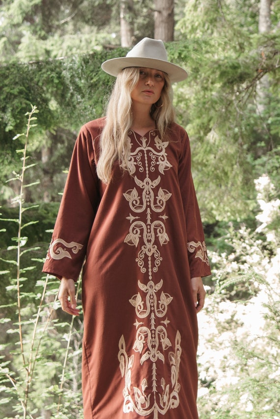 70s Embroidered Caftan Dress | Boho Hippie Brown … - image 1