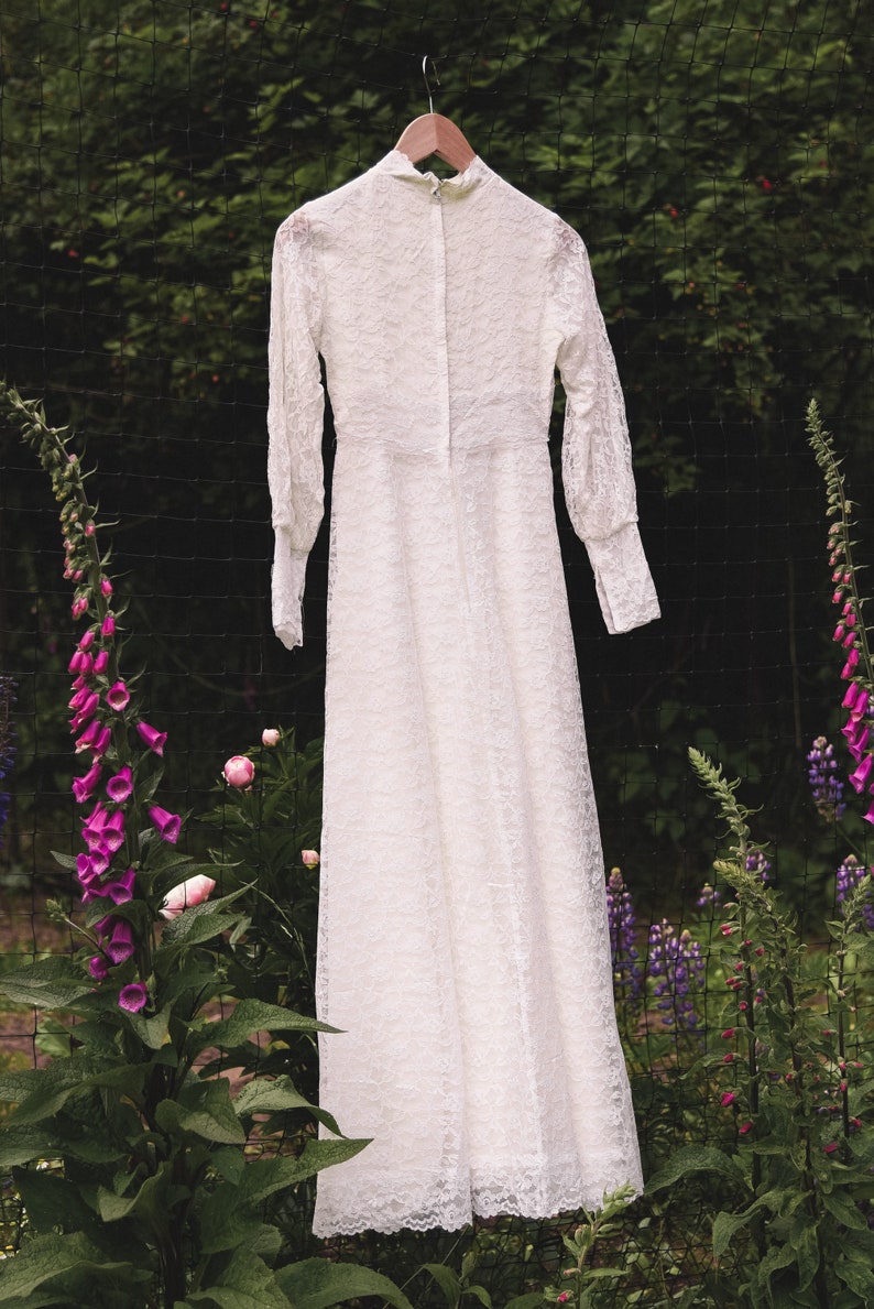 60's Long Sleeve Wedding Dress, XS Small Ivory Lace Boho Wedding Dress, Victorian Wedding Dress, Beaded White Maxi Dress image 4