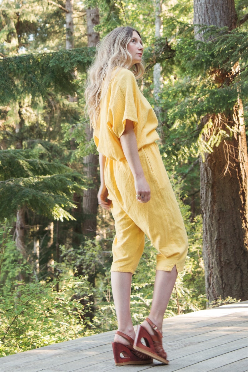 90's Yellow Two Piece lounge Set, Marigold Batwing Drawstring top and Capri Pants image 4