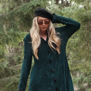 90's Emerald Chenille Sweater Dress Carol Wang Collared Long Sleeve Button Front Mini Dress image 2