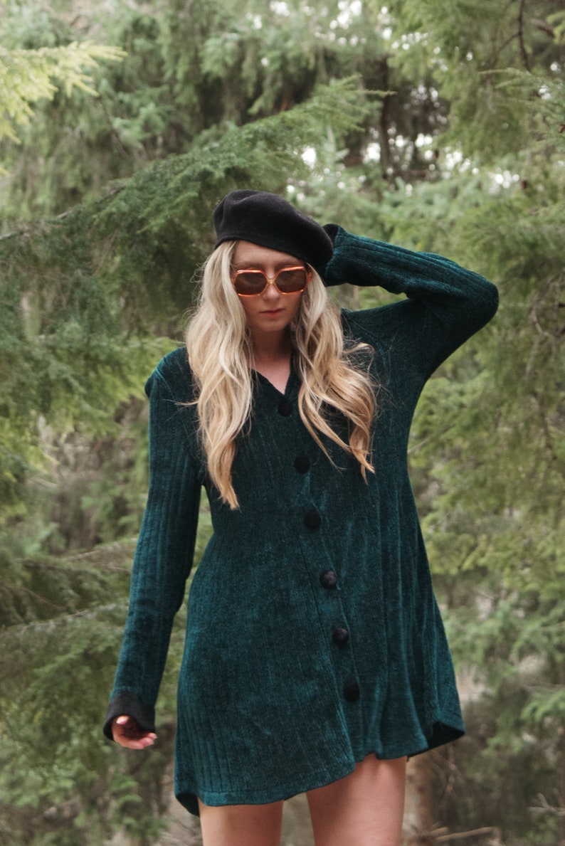 90's Emerald Chenille Sweater Dress Carol Wang Collared Long Sleeve Button Front Mini Dress image 2