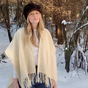 70's Woven Wool Fringed Shawl Boho Ceremony Poncho Shrug Wool Shawl Wrap Natural Wool Knit Shawl image 1