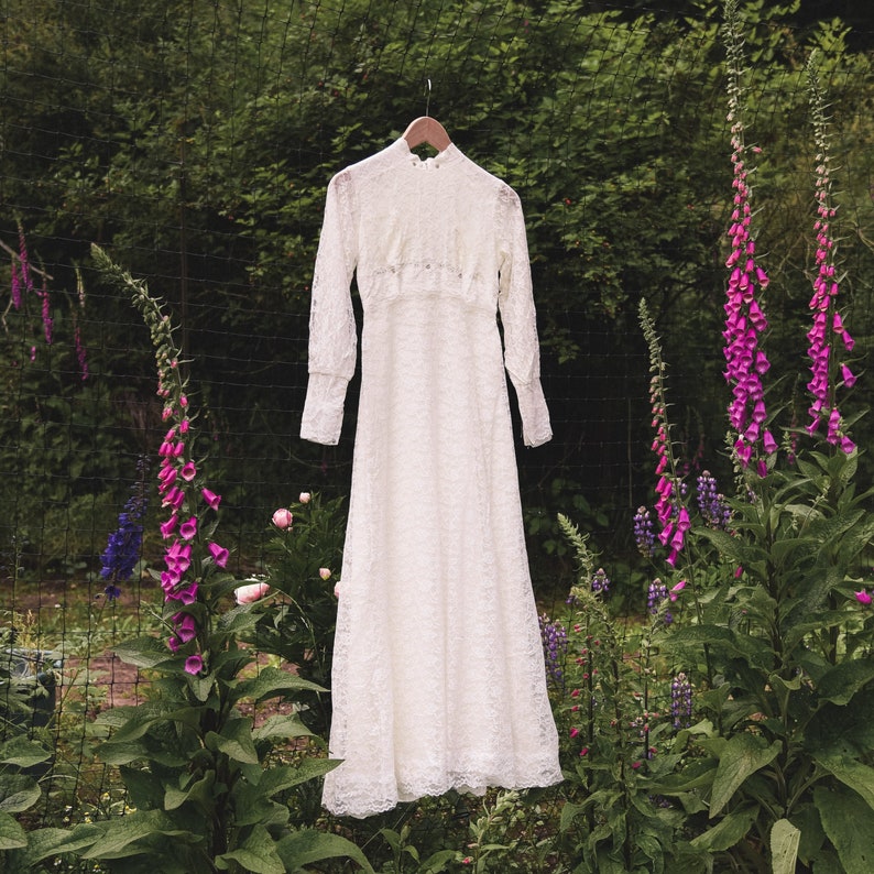 60's Long Sleeve Wedding Dress, XS Small Ivory Lace Boho Wedding Dress, Victorian Wedding Dress, Beaded White Maxi Dress image 1