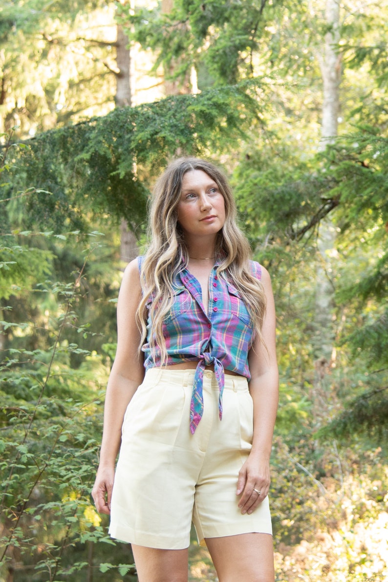 90s Tie Front Collared Cotton Crop Top, Simply Basic Pink Plaid Button Front Cropped Blouse, Small Medium image 7