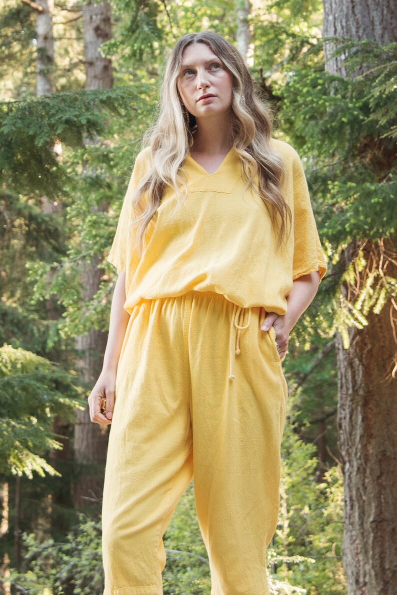 90's Yellow Two Piece lounge Set, Marigold Batwing Drawstring top and Capri Pants image 5