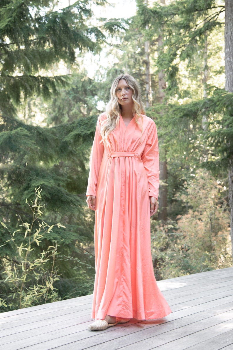 70s Vintage Peach Evening Dress Kimono Femme Ball Gown Beach Fairy Wedding Dress Long Sleeve Dressing Gown oversized Lounge dress image 4