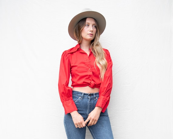 70s Vintage Blouse | Red Cotton Blouse | Princess Sleeve Pointy Collar Disco Blouse