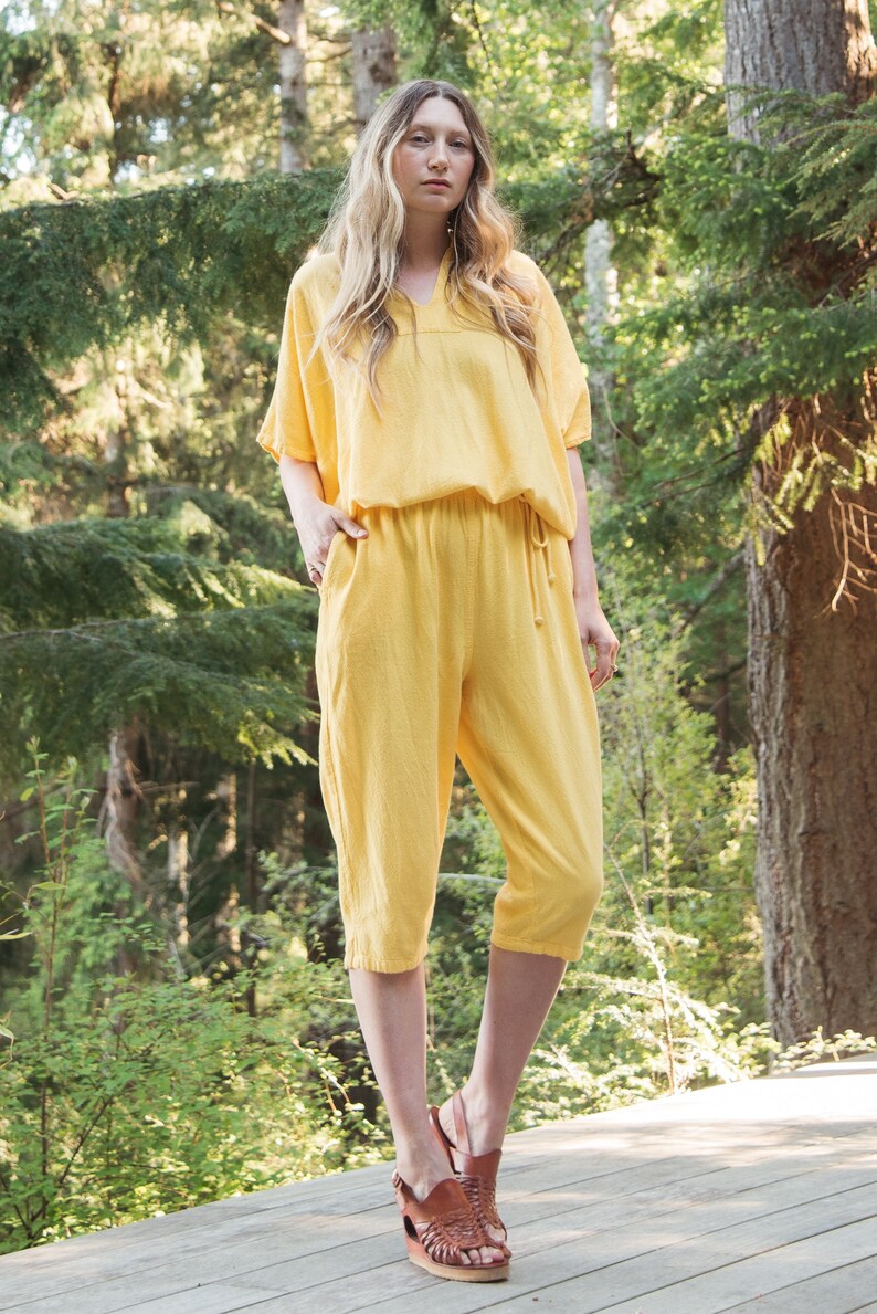 90's Yellow Two Piece lounge Set, Marigold Batwing Drawstring top and Capri Pants image 2