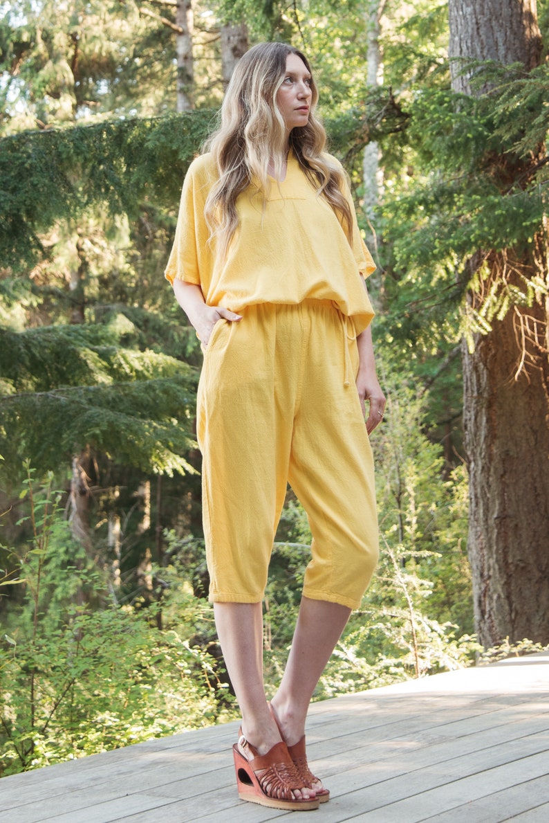 90's Yellow Two Piece lounge Set, Marigold Batwing Drawstring top and Capri Pants image 8