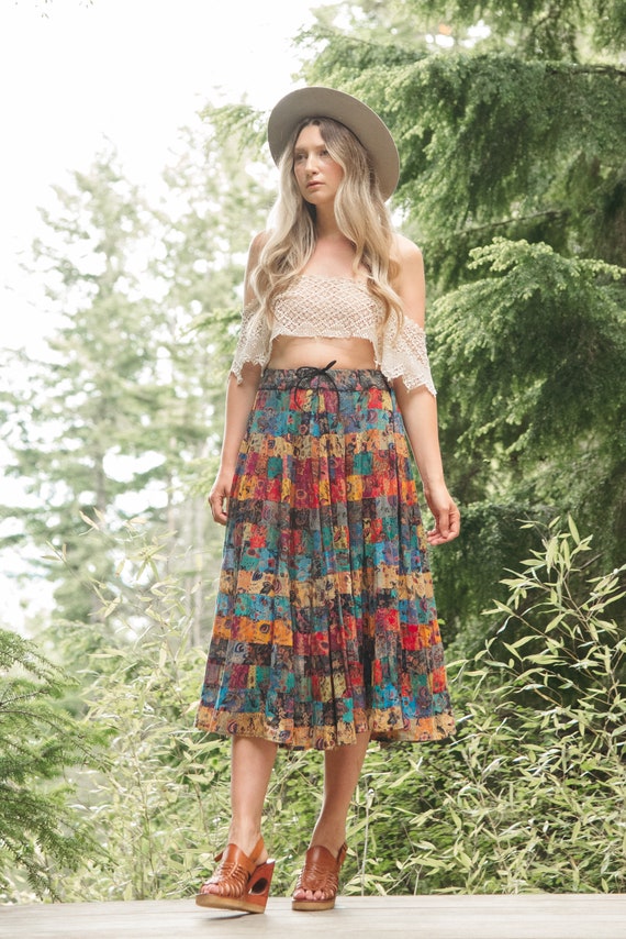 Vintage Hippie Skirt | Patchwork Floral Indian Co… - image 2