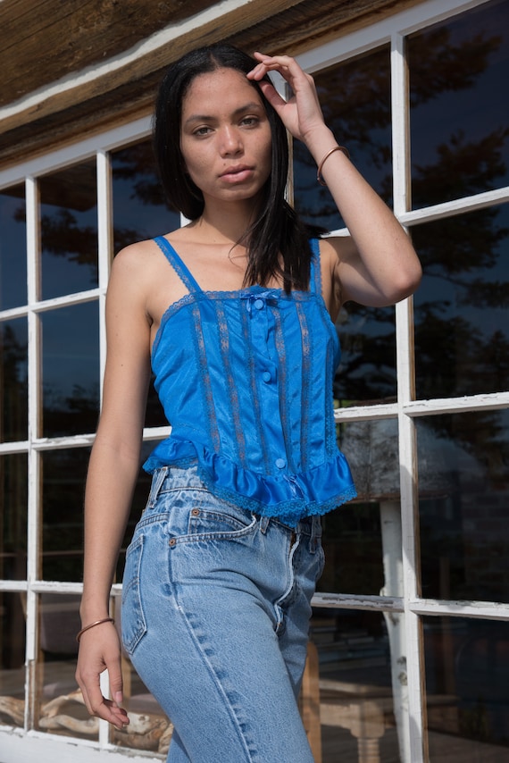 80's sheer Lingerie Top, Blue Lace Corset Top, Se… - image 1