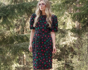 Vintage 80s Silk Polka Dot Dress | Abstract Tissue Silk Button Front Bow Puff Sleeve Shift Dress | 1980's Nipon Boutique Cocktail Dress