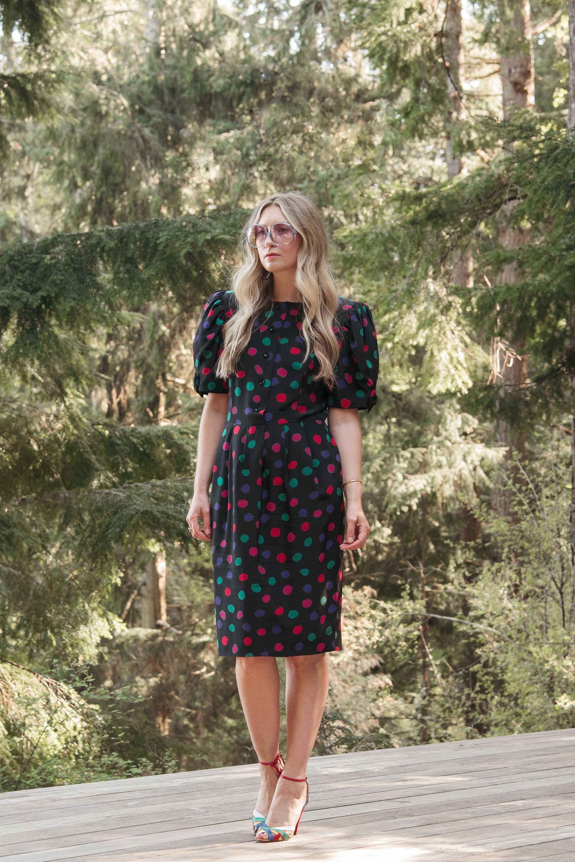 ★HIGH SCHOOL DISCO★ Puff Sleeve Dot Ribbon Short Sleeve RIPUO- Polka Dot Dress with Short Sleeves - Harmonygirl.com