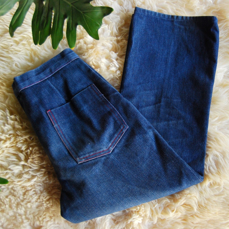 70s High Waisted Jeans, Vintage Wide Leg Jeans 31 32 Waist short Indigo Dark Wash 1970s Bell Bottoms, Boho Hippie Flared Festival Pants image 8