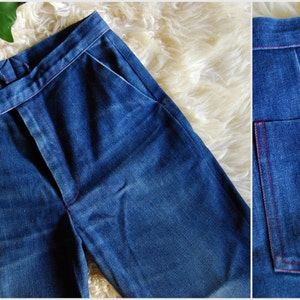 70s High Waisted Jeans, Vintage Wide Leg Jeans 31 32 Waist short Indigo Dark Wash 1970s Bell Bottoms, Boho Hippie Flared Festival Pants image 7