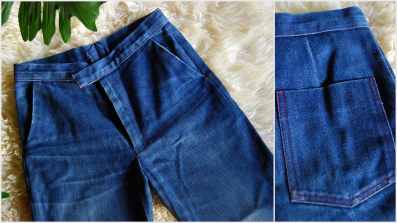 70s High Waisted Jeans, Vintage Wide Leg Jeans 31 32 Waist short Indigo Dark Wash 1970s Bell Bottoms, Boho Hippie Flared Festival Pants image 7