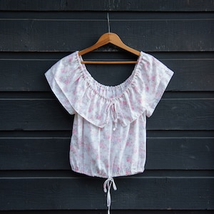 70&#39;s Prairie Blouse, Pink + White Floral Cotton Blouse, Boho 1970&#39;s Peasant Blouse, Vintage 70s Shirt