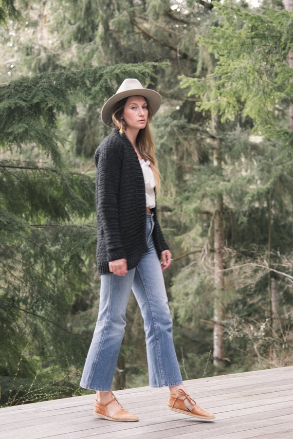 Vintage Hand Knit Cardigan Sweater, Gun Metal Over