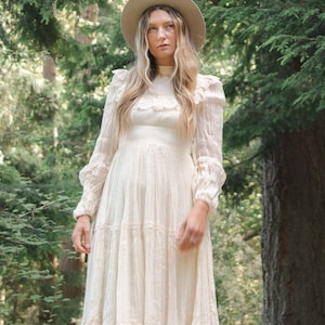 1970s Victorian Style Wedding Dress, Gauzy Natural Cotton Lace Boho Prairie Dress, Sweeping Skirt, High Neck, Long Sheer Poet Sleeves image 7