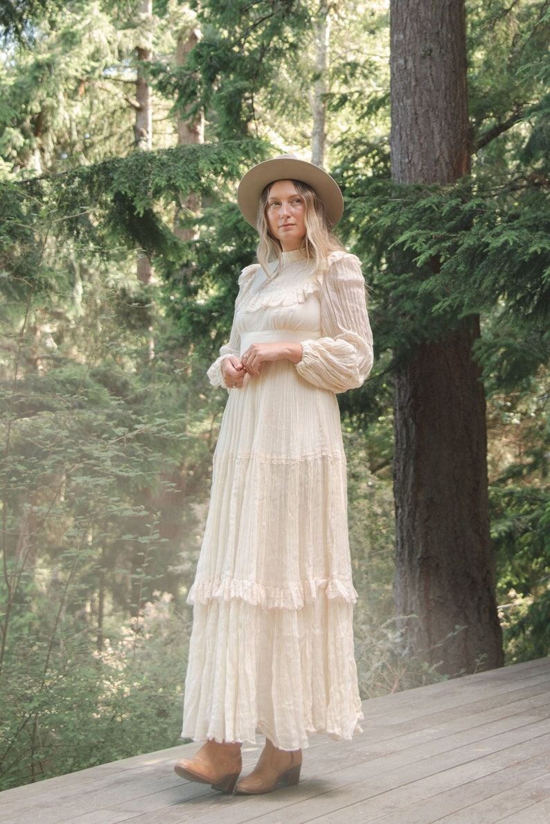 1970s Victorian Style Wedding Dress, Gauzy Natural Cotton Lace Boho Prairie Dress, Sweeping Skirt, High Neck, Long Sheer Poet Sleeves image 5