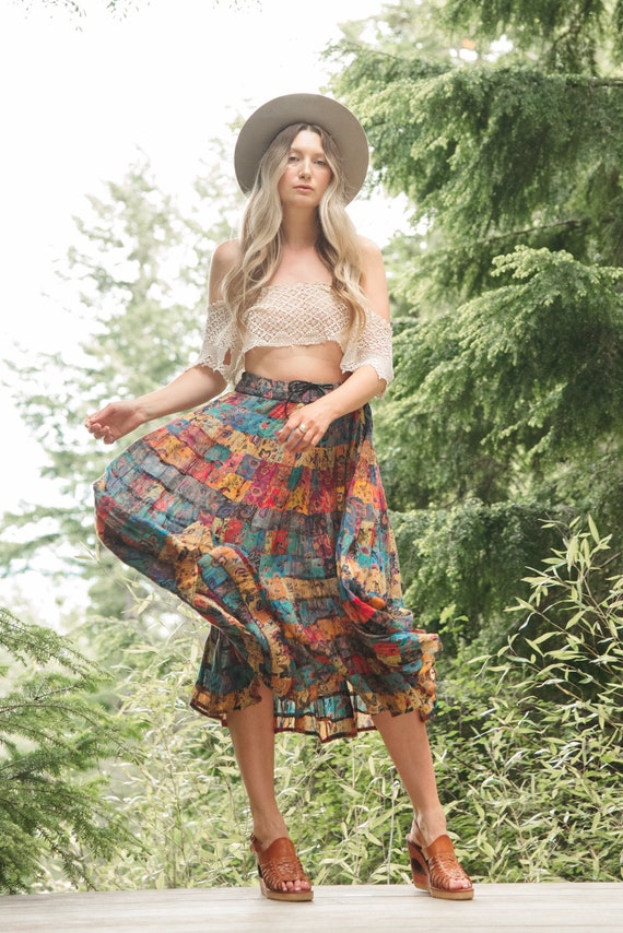 Vintage Hippie Skirt | Patchwork Floral Indian Co… - image 4