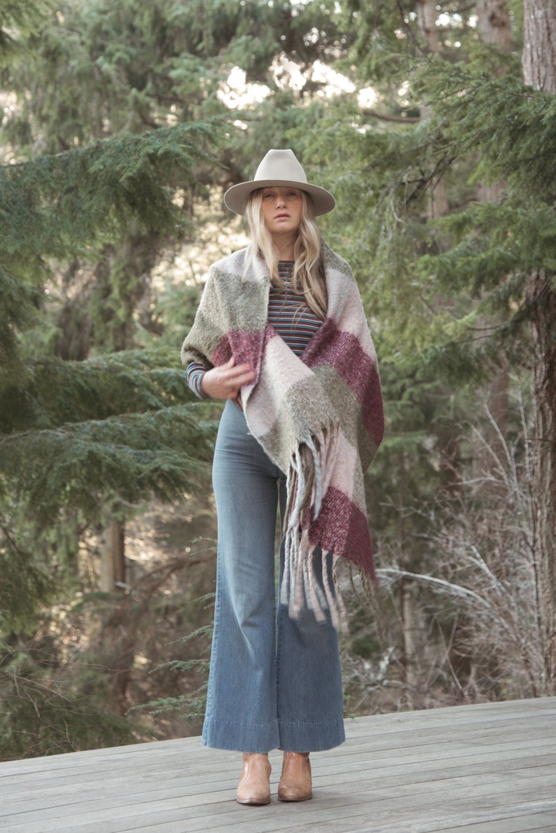 Oversized Plaid Wool Scarf, Long Fringed Shawl Wrap, Purple and Green Blanket Scarf image 1