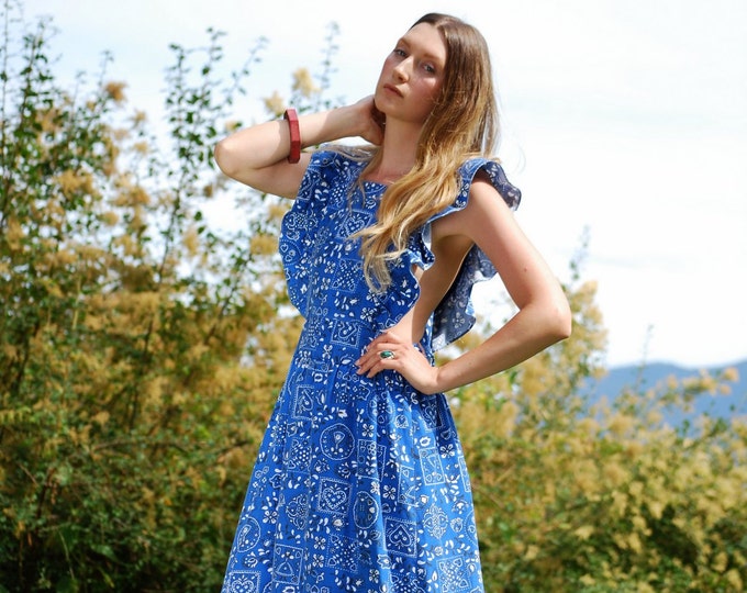 70s Blue Bandana Dress Criss Cross Cotton Apron Dress Hippie Etsy
