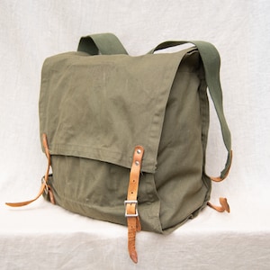 Vintage Canvas and Leather Backpack, Olive Drab Hiking Rucksack, Hiking Gear, Pacific Crest Trail, US Army Bag