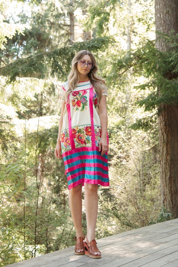 Vintage Guatemalan Dress, Rainbow Floral and Birds