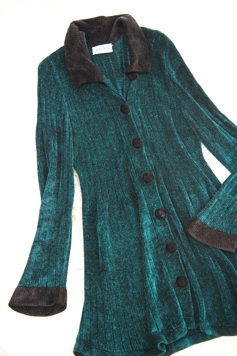 90's Emerald Chenille Sweater Dress Carol Wang Collared Long Sleeve Button Front Mini Dress image 6