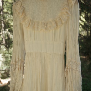 1970s Victorian Style Wedding Dress, Gauzy Natural Cotton Lace Boho Prairie Dress, Sweeping Skirt, High Neck, Long Sheer Poet Sleeves image 9